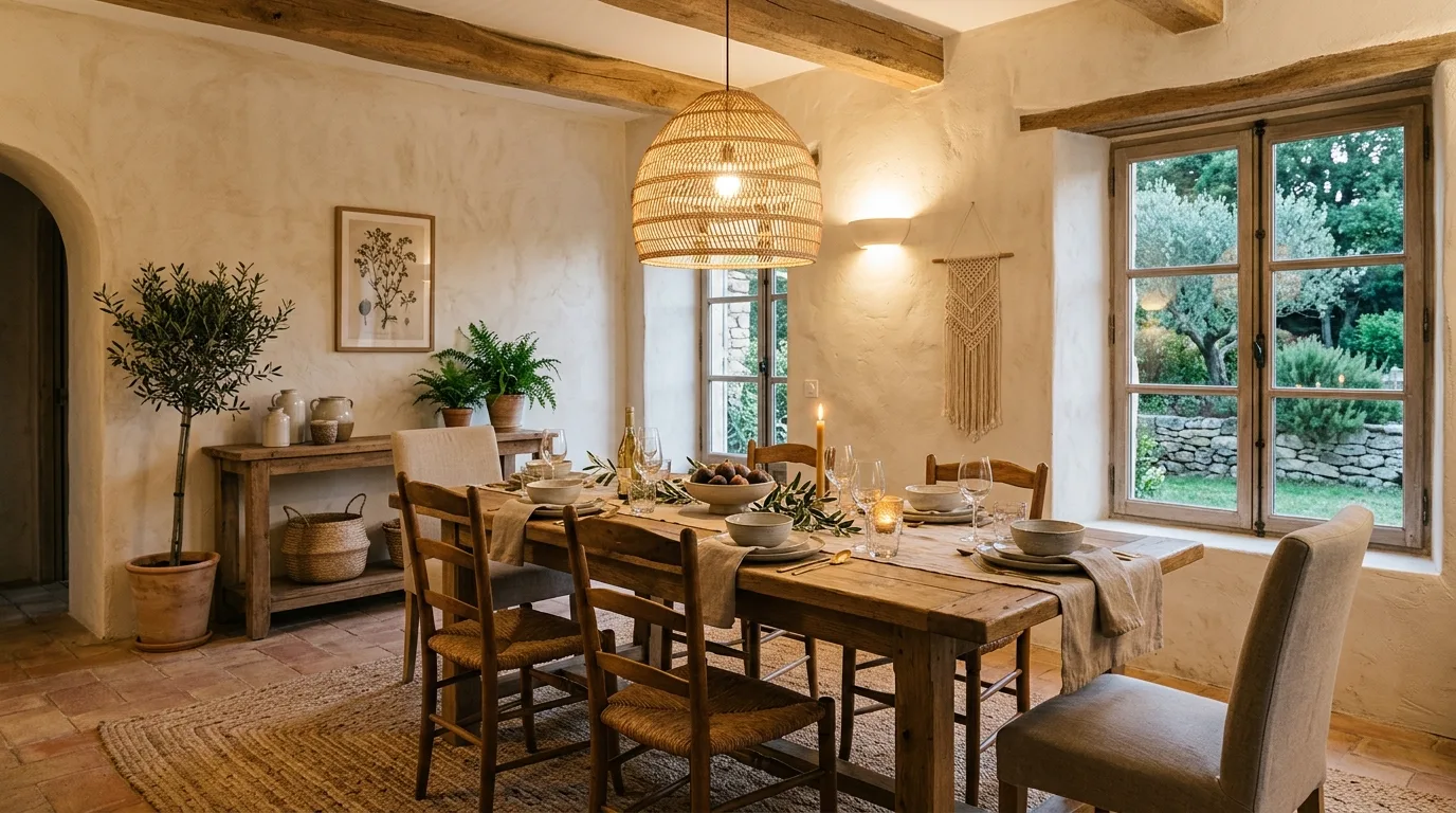 Layer in stone ceramics or plaster finishes inspiration for an organic modern dining room.